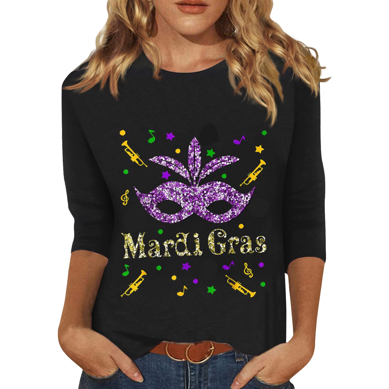 FrzhBrz Women's Mardi Gras Shirt 3/4 Sleeve Tops for Women Graphic Tees ...