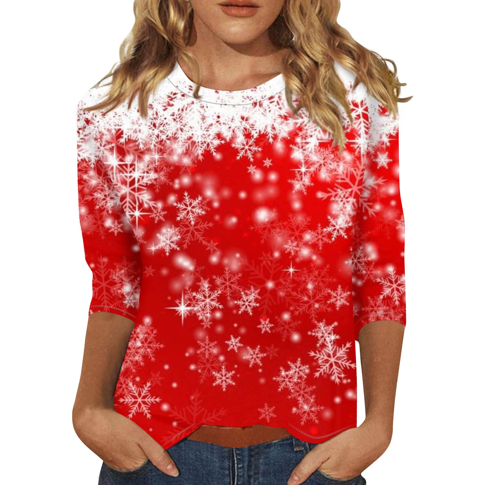 Merry Christmas Shirts Women 3/4 Sleeve Christmas Women's Cute Tops