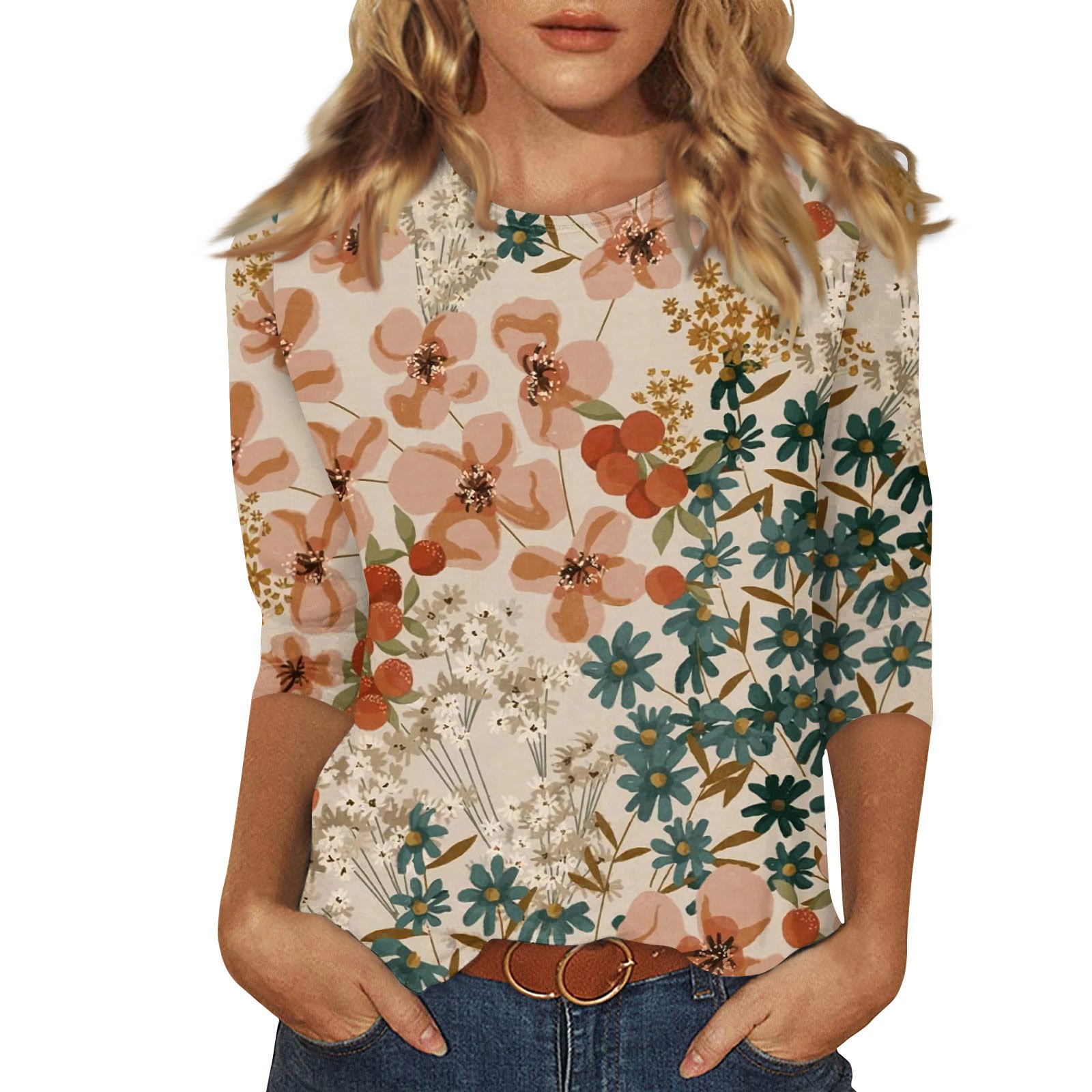 3/4 Length Sleeve Womens Tops Summer Fall V Neck Floral Print T Shirts Blouses Dressy Casual 3 Quarter Sleeve Tunics Black At Women's Clothing Store