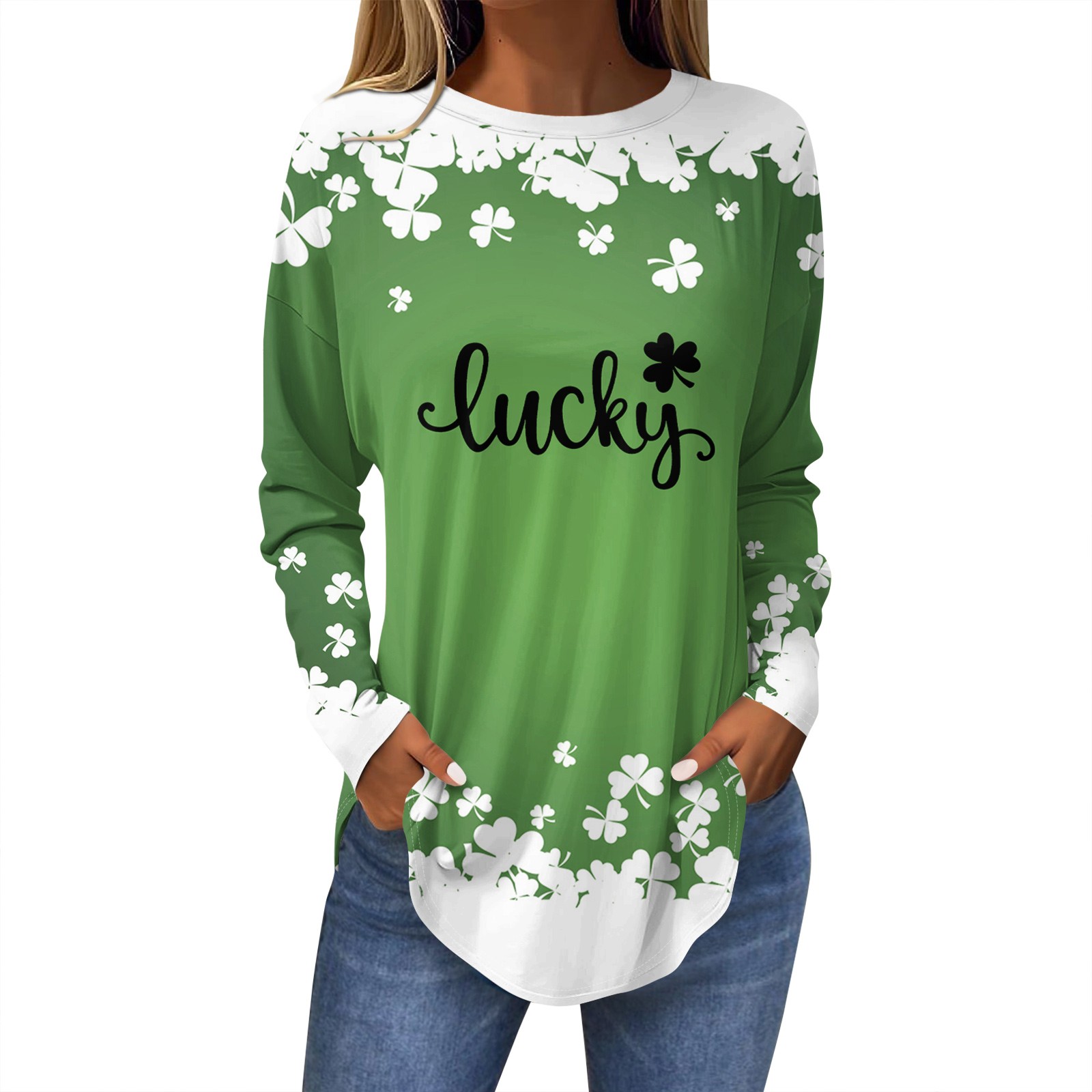 Women's St. Patrick's Day Shirt - Funny Plaid Leopard Shamrock Graphic Long Sleeve Top