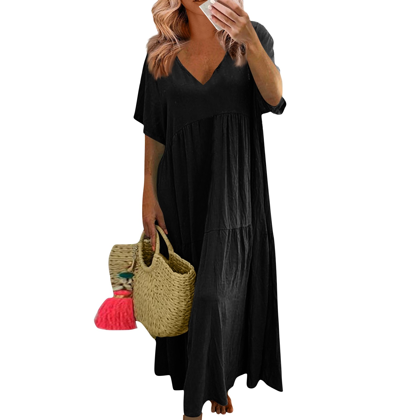Linen Dress Women Summer Short Sleeve V Neck Plus Size Maxi Dress ...